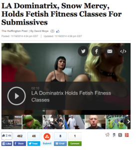 "Some Los Angeles residents are getting whipped into shape with the help of a dominatrix. Her name is Snow Mercy, and this Snow White lookalike holds "fetish fitness" classes where she exercises her power over a group of students."